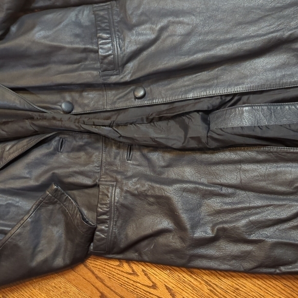 Preston & York vtg long sleek soft black leather Matrix witchy trench coat sz L - Picture 7 of 13